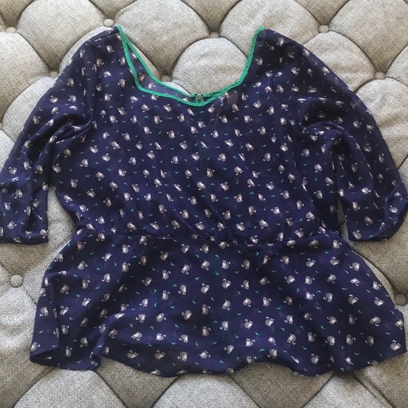 Eyeshadow Tops - Blue see through peplum blouse with cats